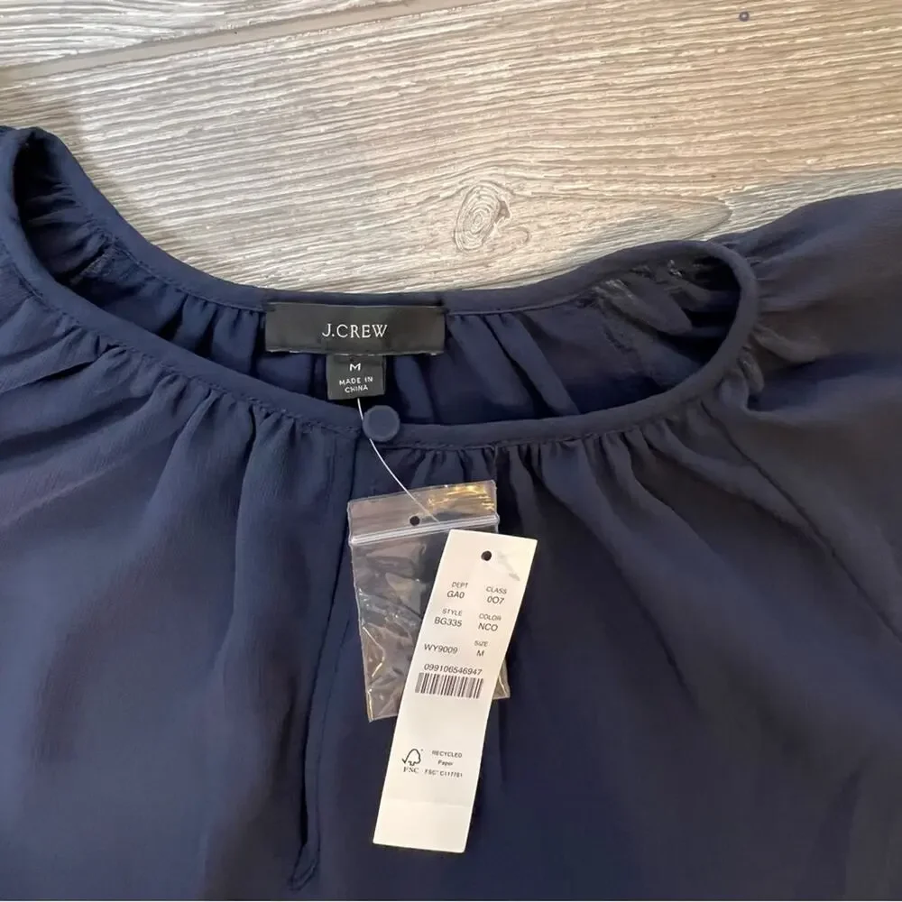 NWT J. CREW Flutter Cuff Crinkle Chiffon Top Blouse Peasant Navy Blue White sz M